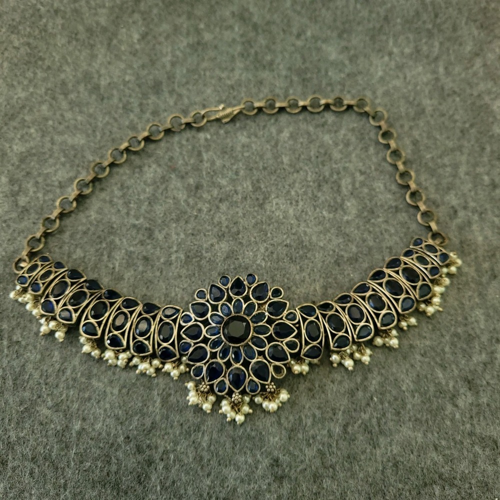 Vintage Indian-Style Blue Stone Choker Faux Pearl Fringe 15"